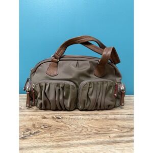 MZ Wallace Nylon Shoulder Bag Taupe Olive Leather Trim Multi Pocket w Zip Pouch